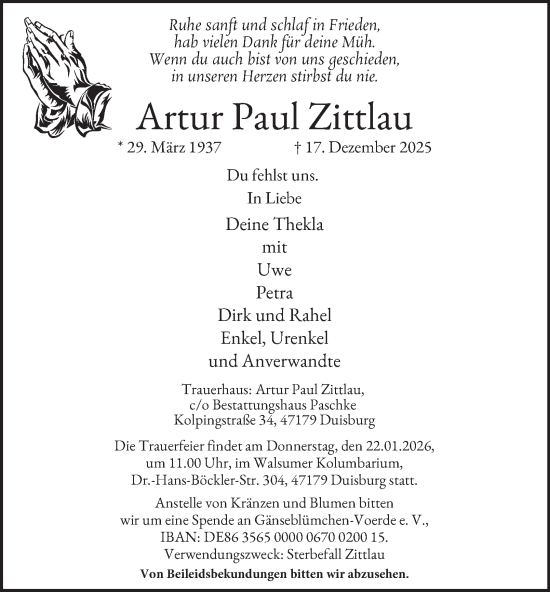 Traueranzeige von Artur Paul Zittlau von Tageszeitung