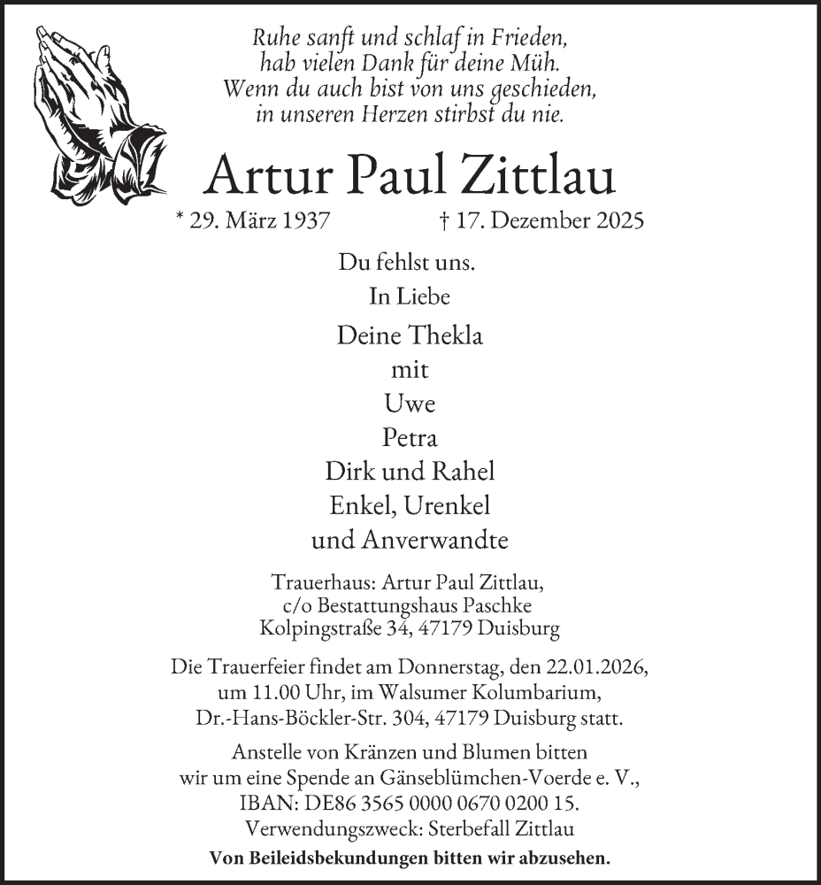  Traueranzeige für Artur Paul Zittlau vom 17.01.2026 aus Tageszeitung