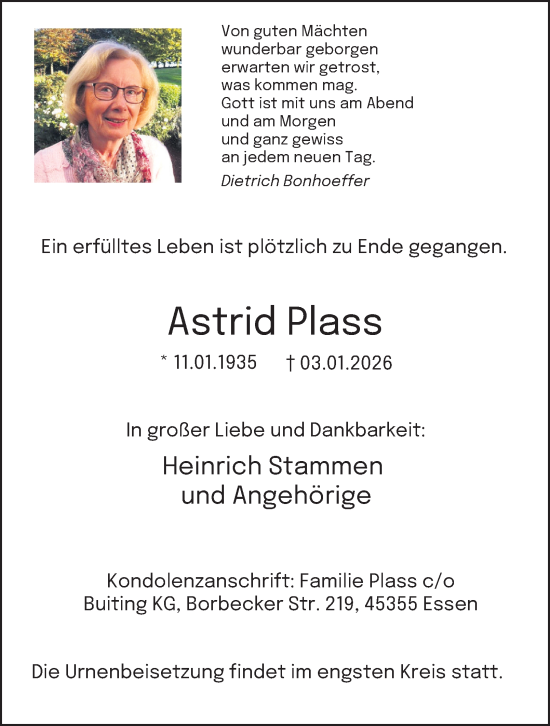 Traueranzeige von Astrid Plass von Tageszeitung