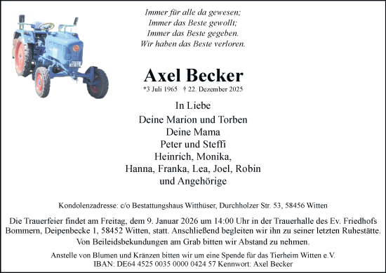 Traueranzeige von Axel Becker von Tageszeitung