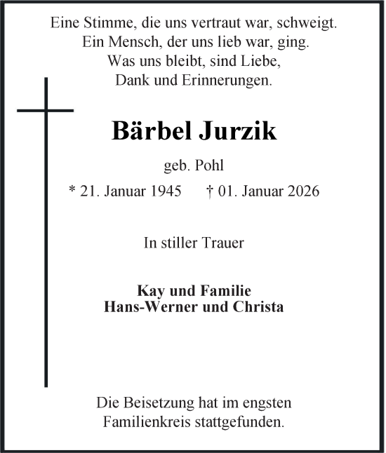 Traueranzeige von Bärbel Jurzik von Tageszeitung