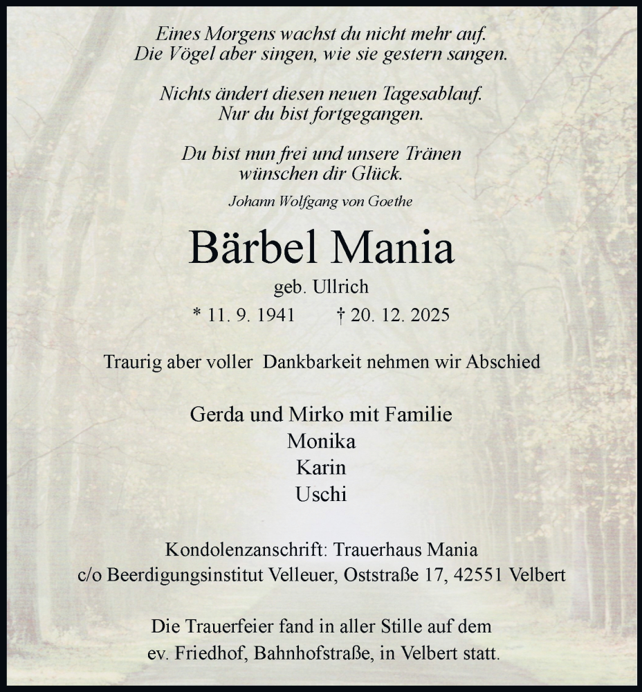  Traueranzeige für Bärbel Mania vom 17.01.2026 aus Tageszeitung
