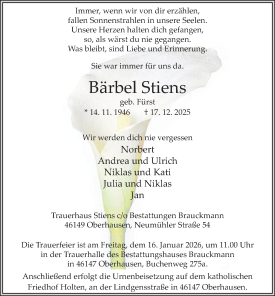 Traueranzeige von Bärbel Stiens von Tageszeitung