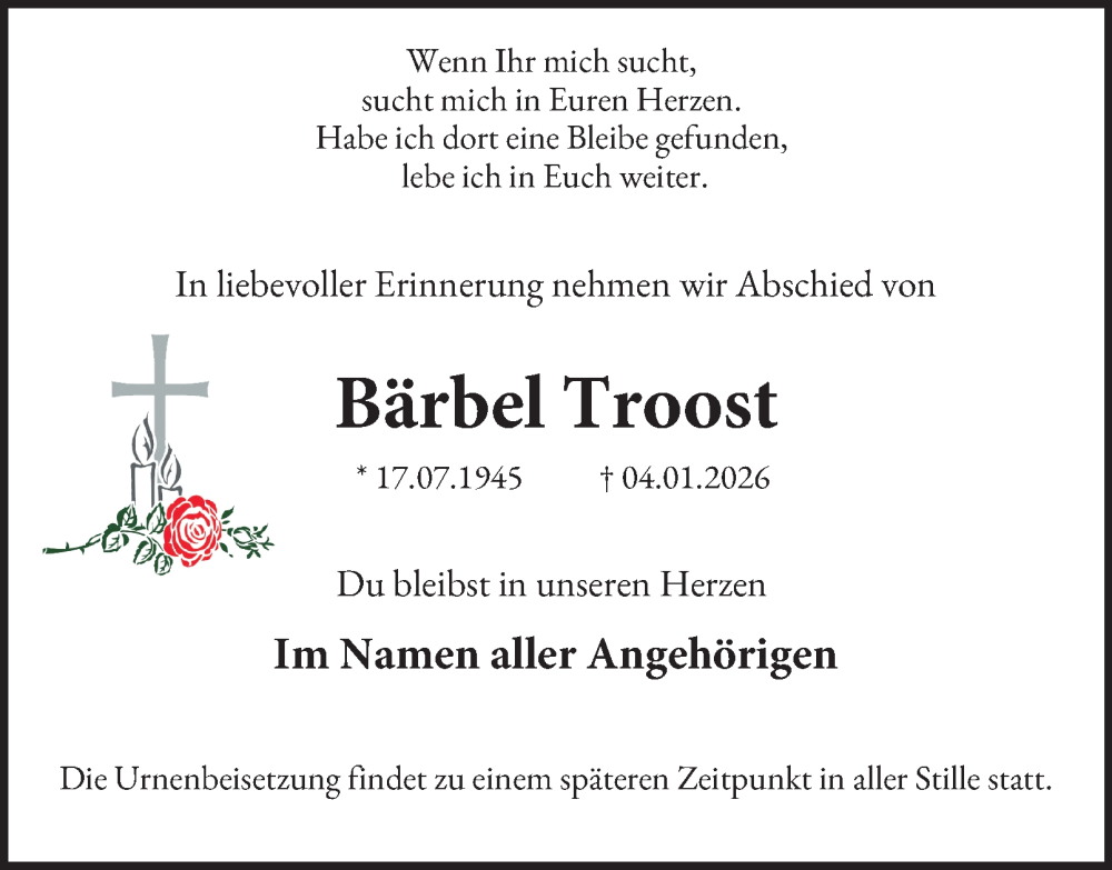  Traueranzeige für Bärbel Troost vom 17.01.2026 aus Tageszeitung