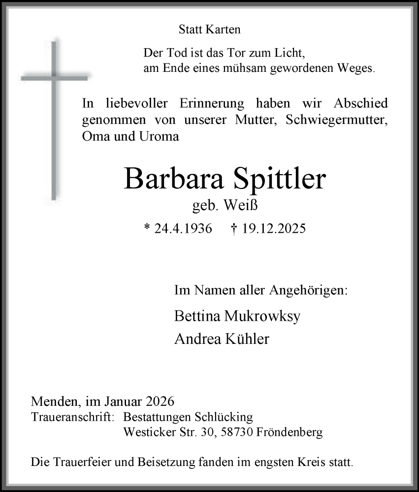  Traueranzeige für Barbara Spittler vom 10.01.2026 aus Tageszeitung