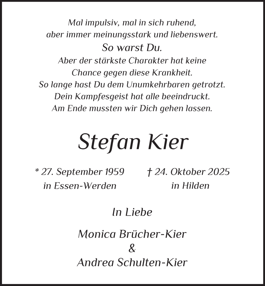  Traueranzeige für Stefan Kier vom 28.11.2025 aus FUNKE Medien NRW GmbH