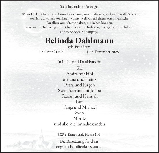 Traueranzeige von Belinda Dahlmann von Tageszeitung