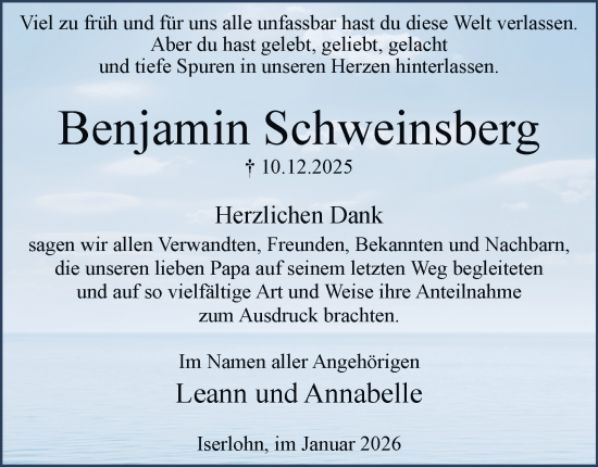 Traueranzeige von Benjamin Schweinsberg von Tageszeitung