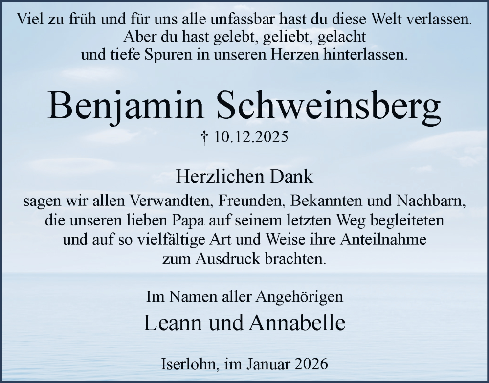  Traueranzeige für Benjamin Schweinsberg vom 31.01.2026 aus Tageszeitung