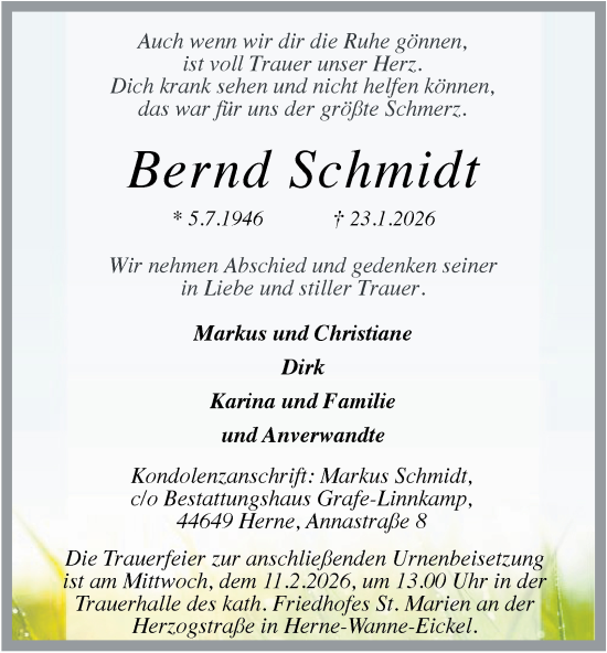 Traueranzeige von Bernd Schmidt von Tageszeitung