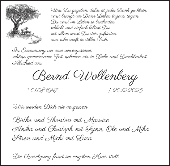 Traueranzeige von Bernd Wollenberg von Tageszeitung