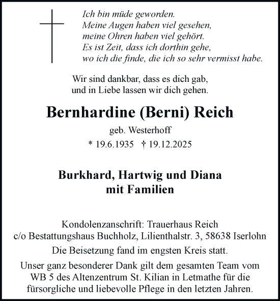 Traueranzeige von Bernhardine Reich von Tageszeitung