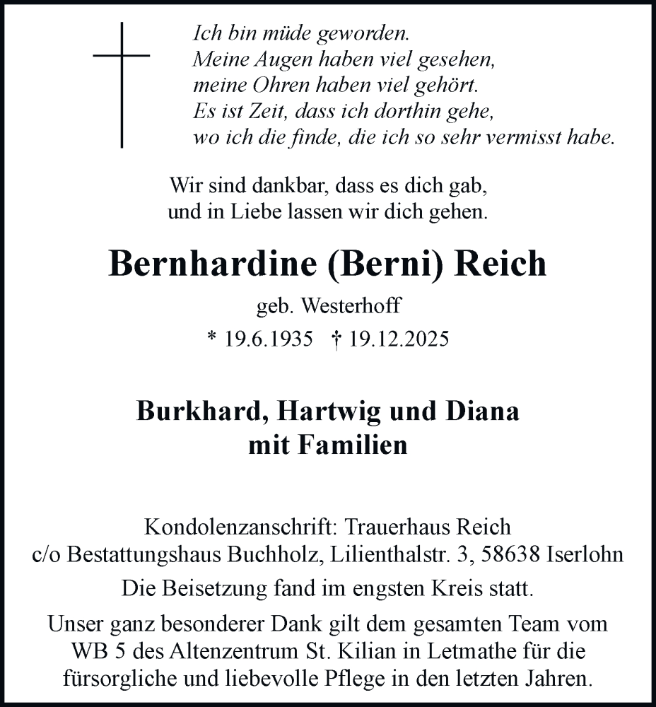 Traueranzeige für Bernhardine Reich vom 10.01.2026 aus Tageszeitung