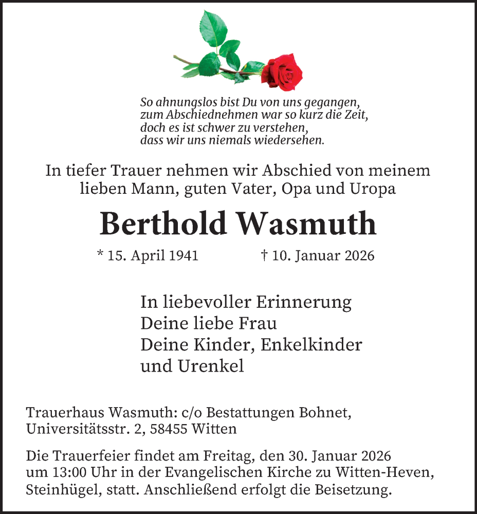  Traueranzeige für Berthold Wasmuth vom 28.01.2026 aus Tageszeitung