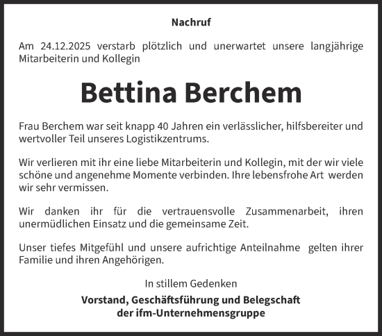 Traueranzeige von Bettina Berchem von Tageszeitung