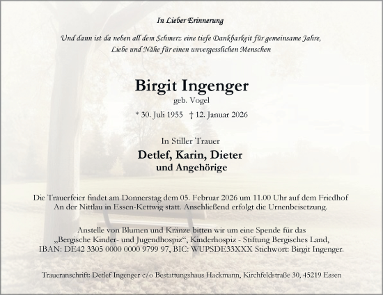Traueranzeige von Birgit Ingenger von Tageszeitung