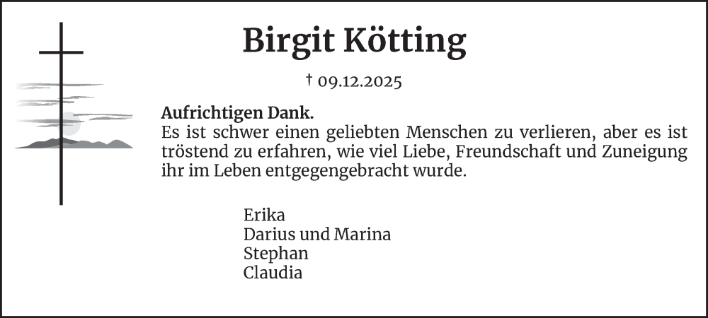  Traueranzeige für Birgit Kötting vom 24.01.2026 aus Tageszeitung