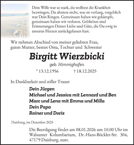 Traueranzeige von Birgitt Wierzbicki von Tageszeitung