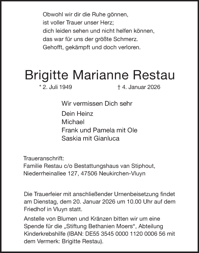  Traueranzeige für Brigitte Marianne Restau vom 14.01.2026 aus Tageszeitung