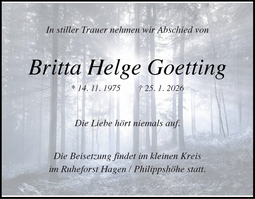  Traueranzeige für Britta Helge Goetting vom 31.01.2026 aus Tageszeitung