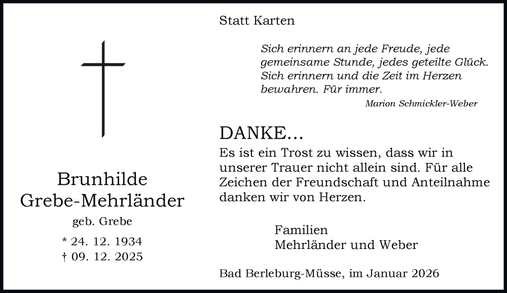  Traueranzeige für Brunhilde Grebe-Mehrländer vom 24.01.2026 aus Tageszeitung