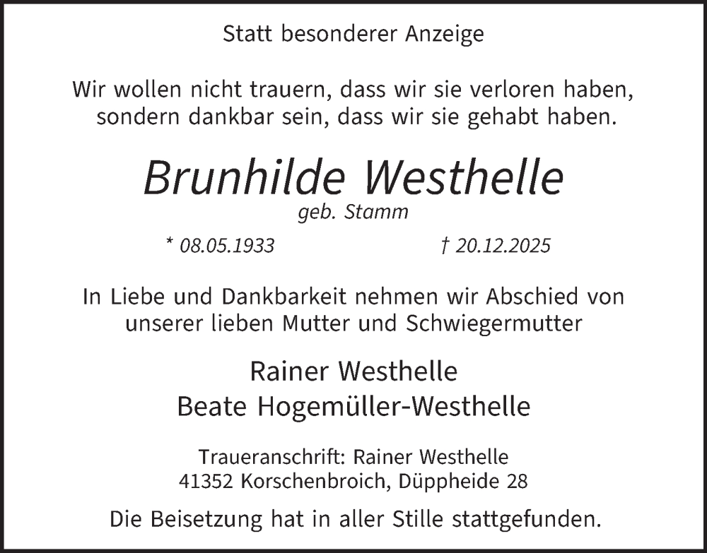  Traueranzeige für Brunhilde Westhelle vom 17.01.2026 aus Tageszeitung