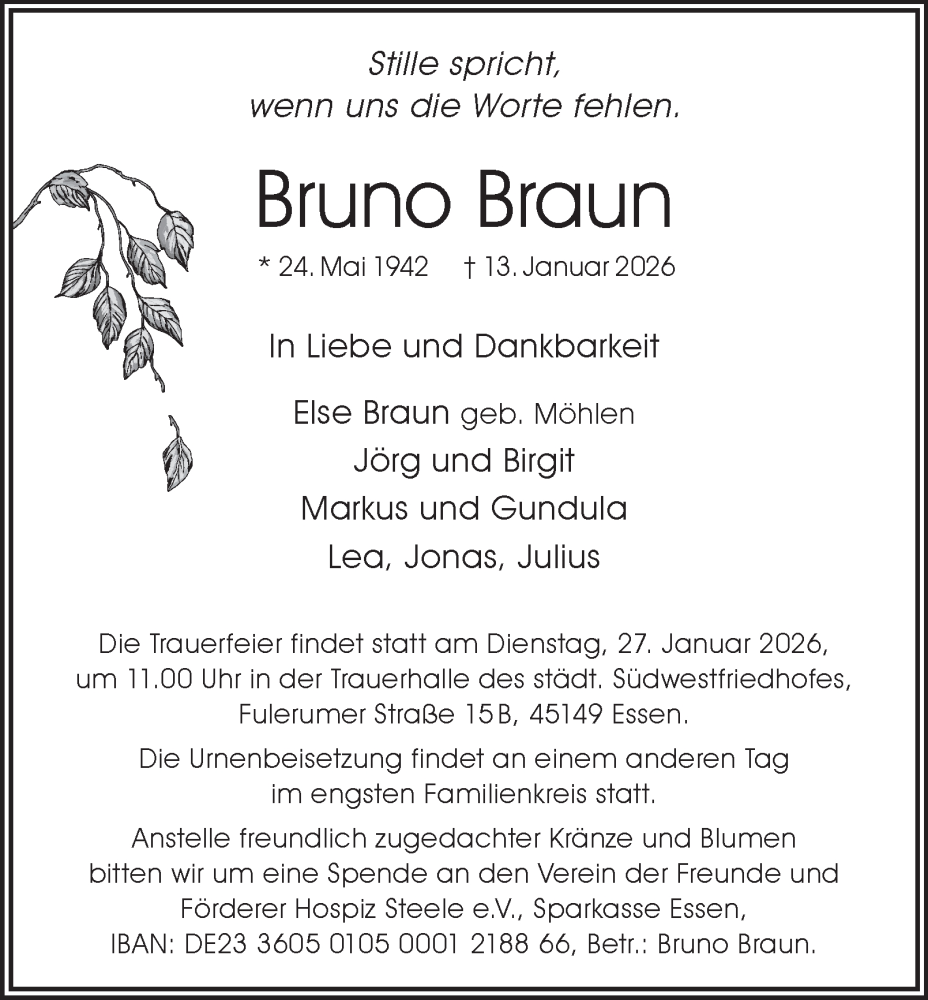  Traueranzeige für Bruno Braun vom 24.01.2026 aus Tageszeitung