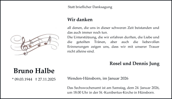Traueranzeige von Bruno Halbe von Tageszeitung