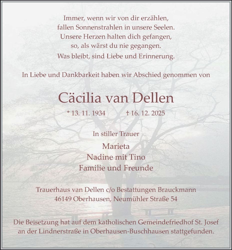  Traueranzeige für Cäcilia van Dellen vom 03.01.2026 aus Tageszeitung