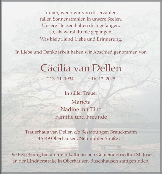 Traueranzeige von Cäcilia van Dellen von Tageszeitung
