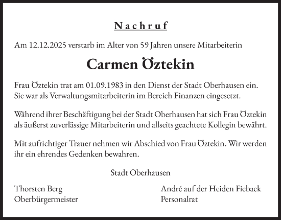Traueranzeige von Carmen Öztekin von Tageszeitung