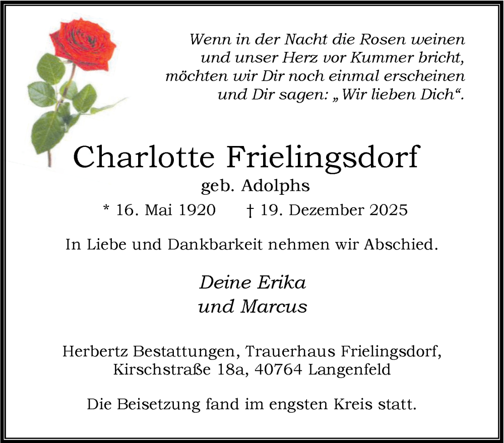  Traueranzeige für Charlotte Frielingsdorf vom 03.01.2026 aus Tageszeitung