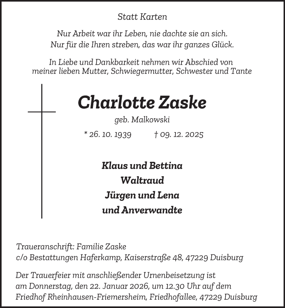  Traueranzeige für Charlotte Zaske vom 10.01.2026 aus Tageszeitung
