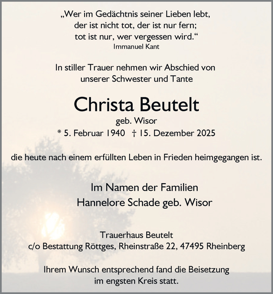 Traueranzeige für Christa Beutelt vom 17.01.2026 aus Tageszeitung
