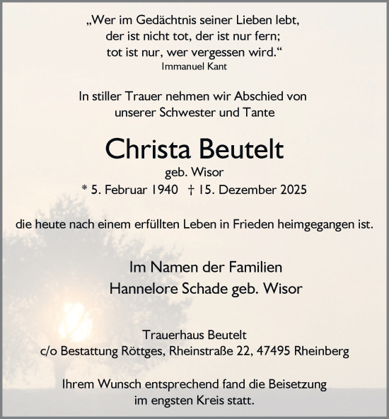 Traueranzeige von Christa Beutelt von Tageszeitung