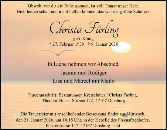 Traueranzeige von Christa Fürling von Tageszeitung