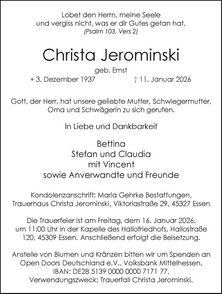  Traueranzeige für Christa Jerominski vom 15.01.2026 aus Tageszeitung
