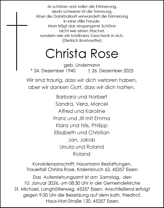 Traueranzeige von Christa Rose von Tageszeitung