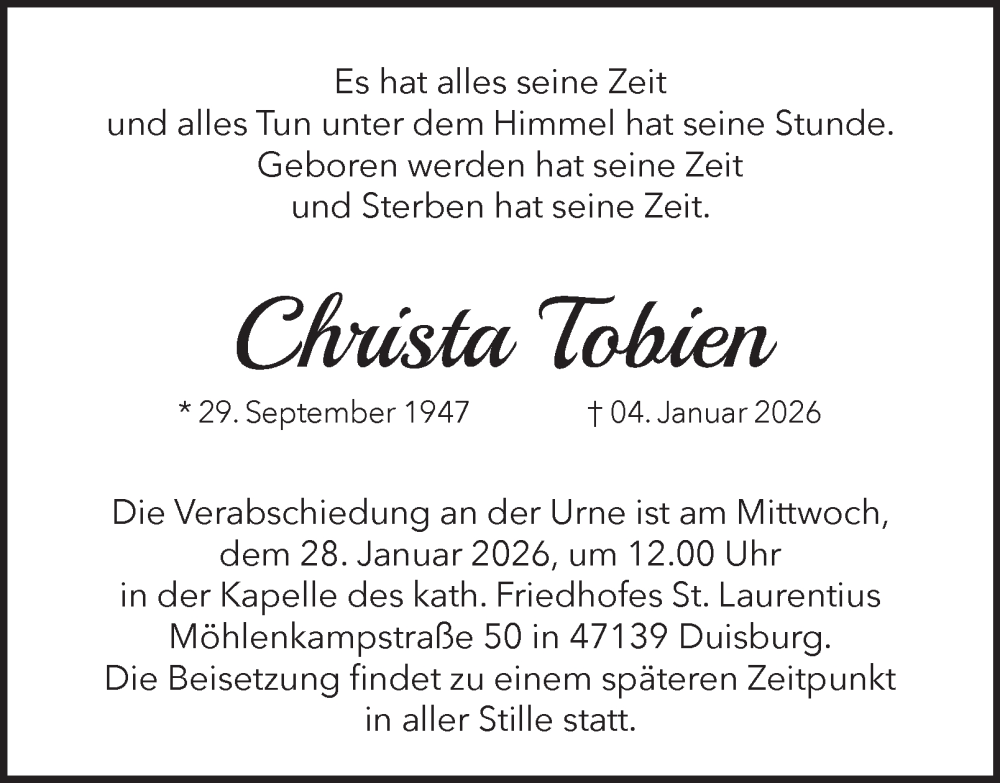  Traueranzeige für Christa Tobien vom 24.01.2026 aus Tageszeitung