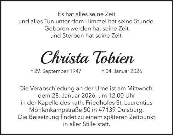 Traueranzeige von Christa Tobien von Tageszeitung