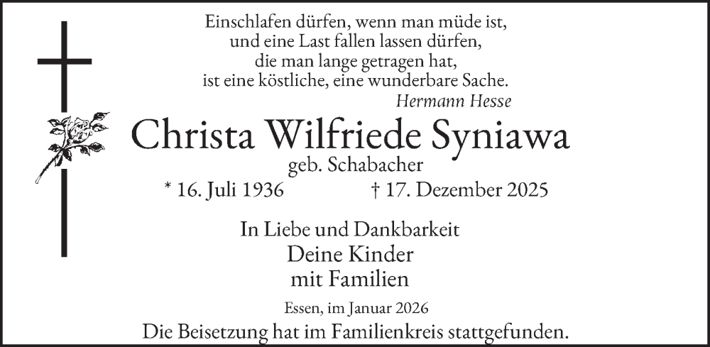  Traueranzeige für Christa Wilfriede Syniawa vom 10.01.2026 aus Tageszeitung