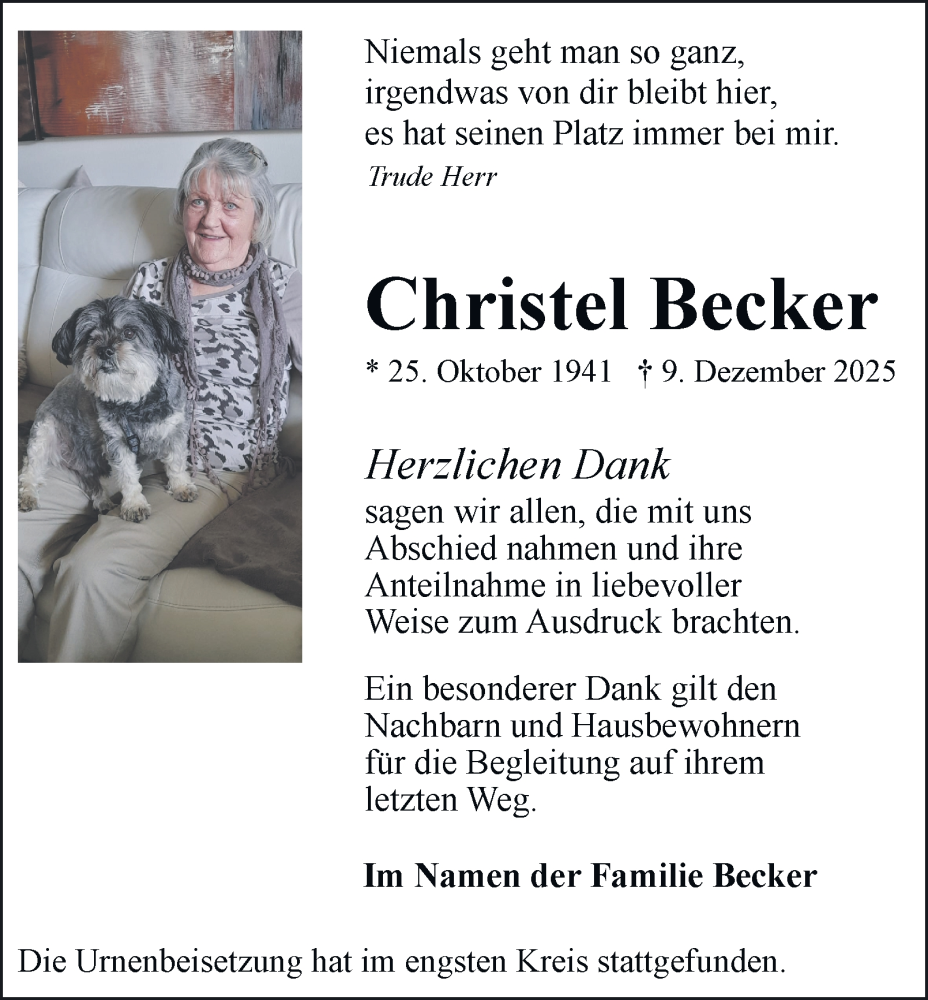  Traueranzeige für Christel Becker vom 31.01.2026 aus Tageszeitung