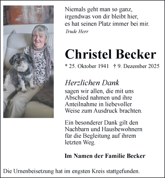 Traueranzeige von Christel Becker von Tageszeitung