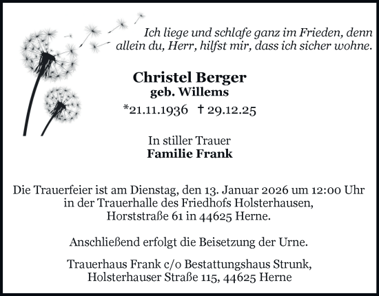 Traueranzeige von Christel Berger von Tageszeitung