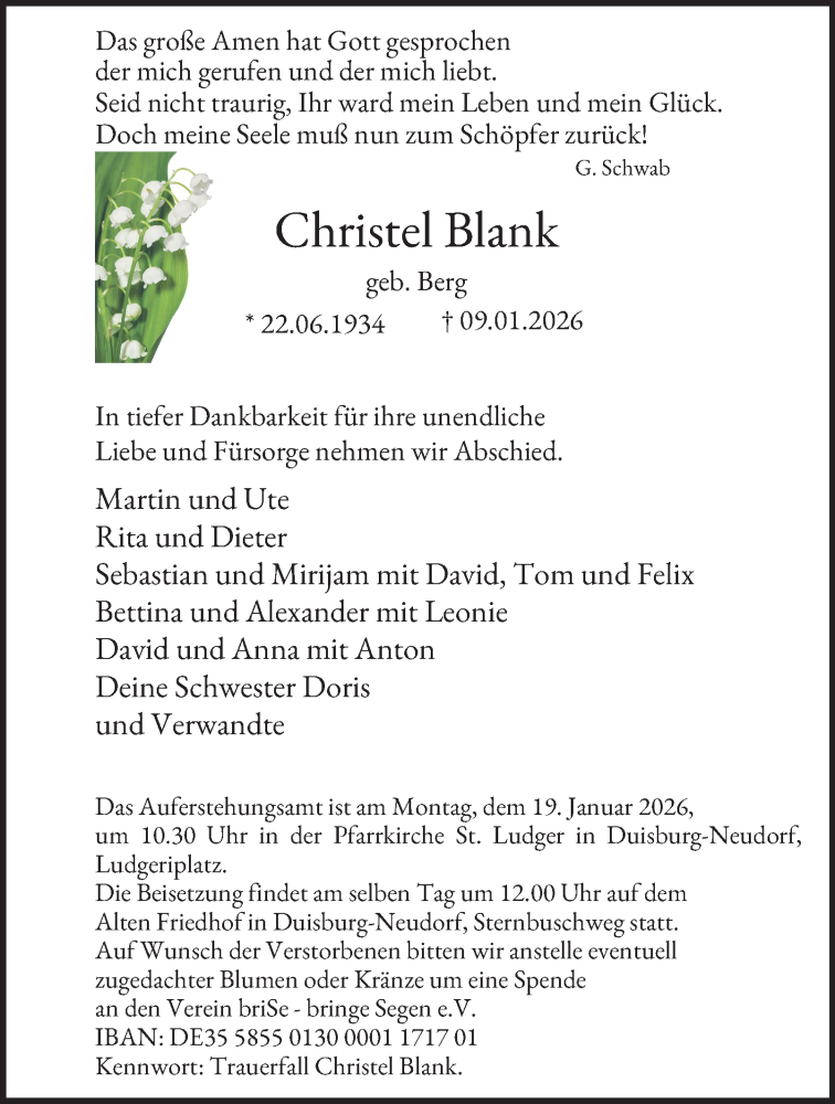  Traueranzeige für Christel Blank vom 17.01.2026 aus Tageszeitung