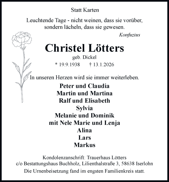 Traueranzeige von Christel Lötters von Tageszeitung
