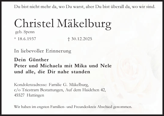 Traueranzeige von Christel Mäkelburg von Tageszeitung