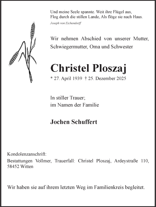 Traueranzeige von Christel Ploszaj von Tageszeitung