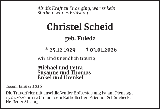 Traueranzeige von Christel Scheid von Tageszeitung