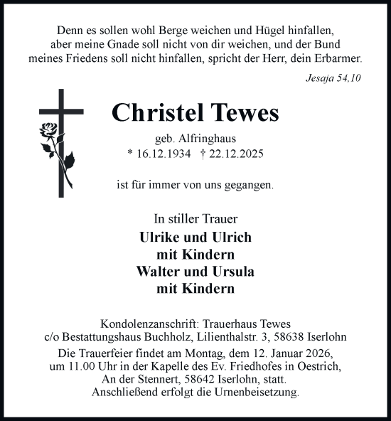 Traueranzeige von Christel Tewes von Tageszeitung